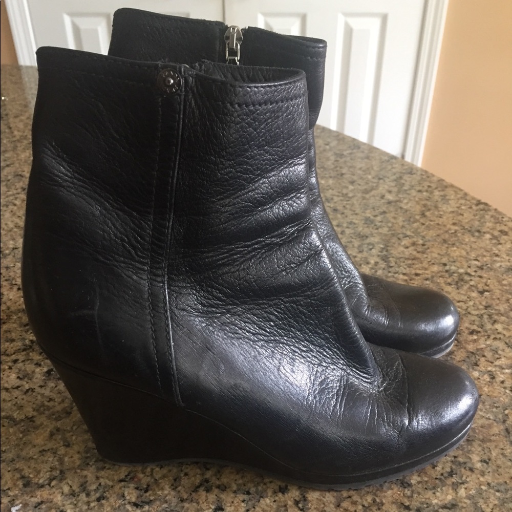 Prada black leather wedge booties